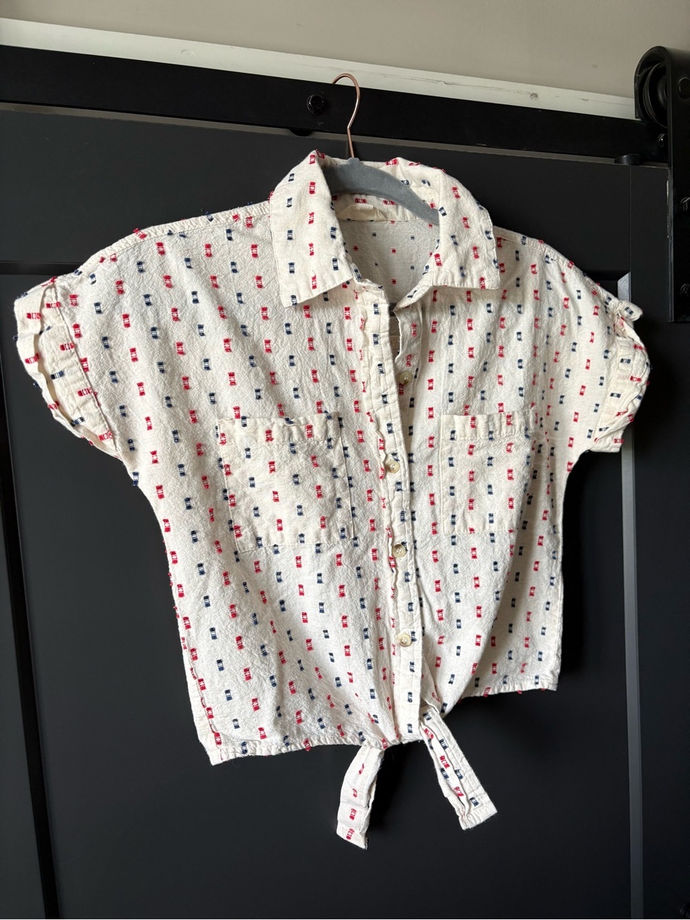 Sim & Sam Cream Button-Up Top with Red & Navy Dot Accents - Picture 3 of 6
